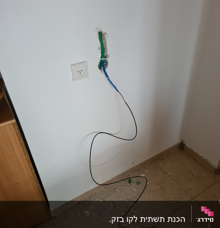 חוטי חשמל יוצאים מקיר עם שקע חשמלי